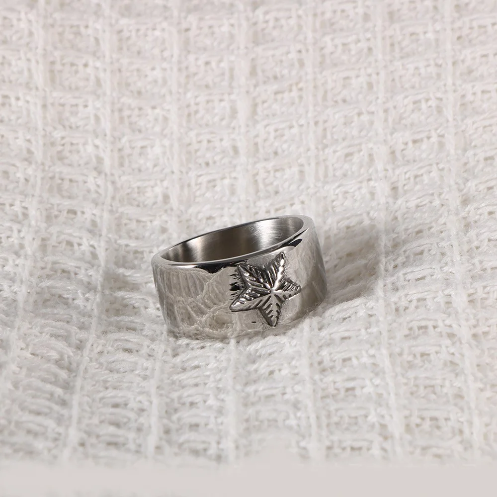 1Pcs Cross-Border European and American Style Stainless Steel Non-Fading Glossy Wide Band Five-Pointed Star Ring European and American Fashion Trendy Men's Ring