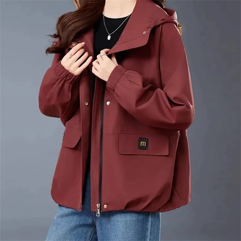 

2025 Female Fashion Hooded Tops Coat Autumn Women Solid Color Windbreaker Jacket Korean Ladies New Large Size 4XL Trench Outwear