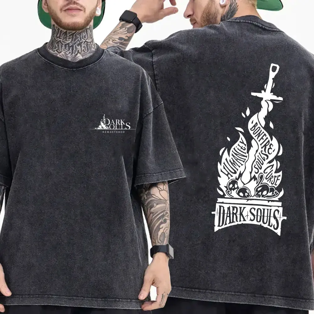 Washed Vintage Game Dark Souls Double Sided Print T-shirt Men Women Retro Gothic Rock T-shirts Men's Casual 100% Cotton T Shirts