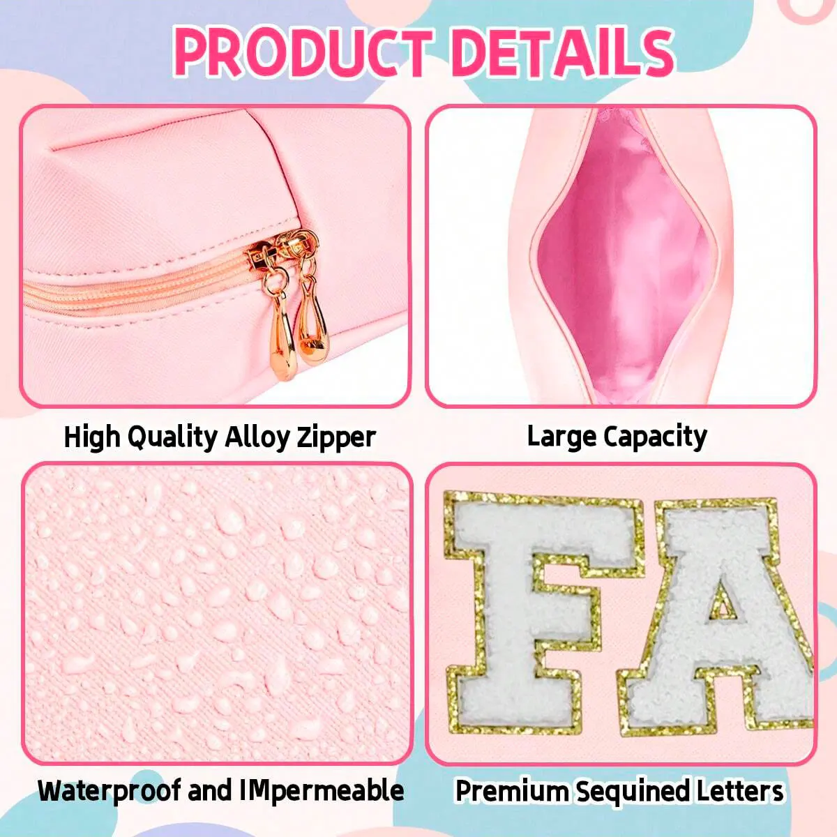 حقيبة مكياج بريبي للنساء - حقيبة أدوات الزينة المصنوعة من جلد البولي يوريثان المقاوم للماء مع حروف شانيل، منظم مستحضرات التجميل لأساسيات السفر/ليو