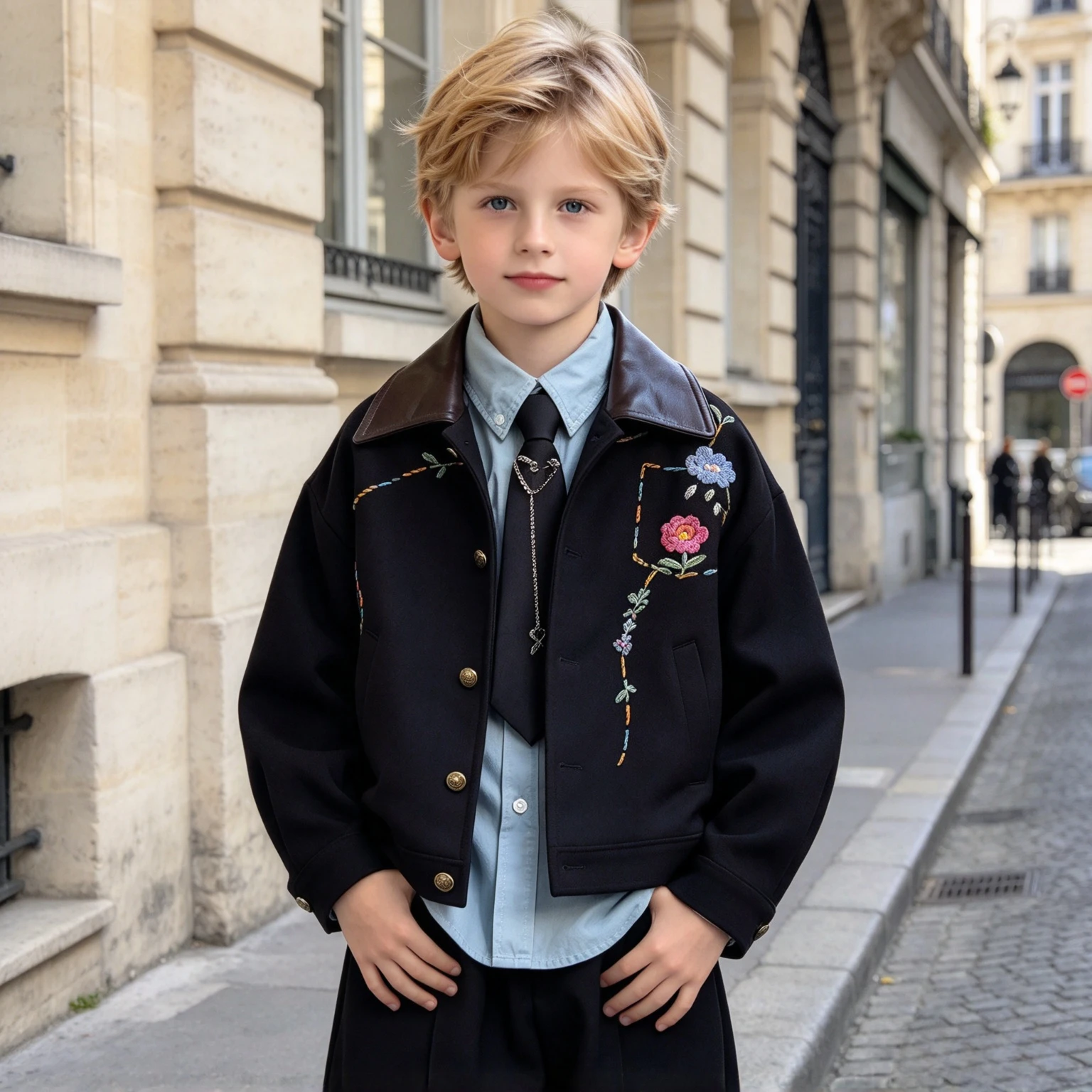Boys 2 Piece Outfit Kids Black Jacket Pants Set PU Leather Collar Floral Embroidery Children Streetwear Fashion Clothes 2-14Y