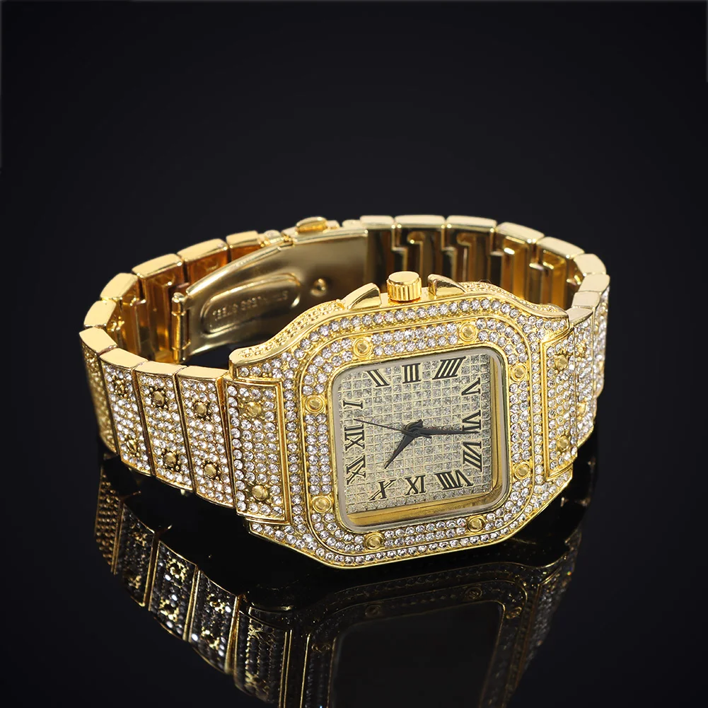 Hip Hop Iced Out Men Square Watch Diamond Quartz Luxury Mens Wrist Watches Gold Roman Calendar Steel Clock Relogio Masculino