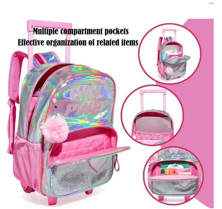 Bright leather School Trolley Backpack Set with Lunch Bag Pen Bag 3 in 1 School Trolley Bag 16 Inch School Roller Backpack Bags