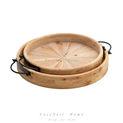 Solid wood refreshment coffee round snack plate, tray decorative plate ornament