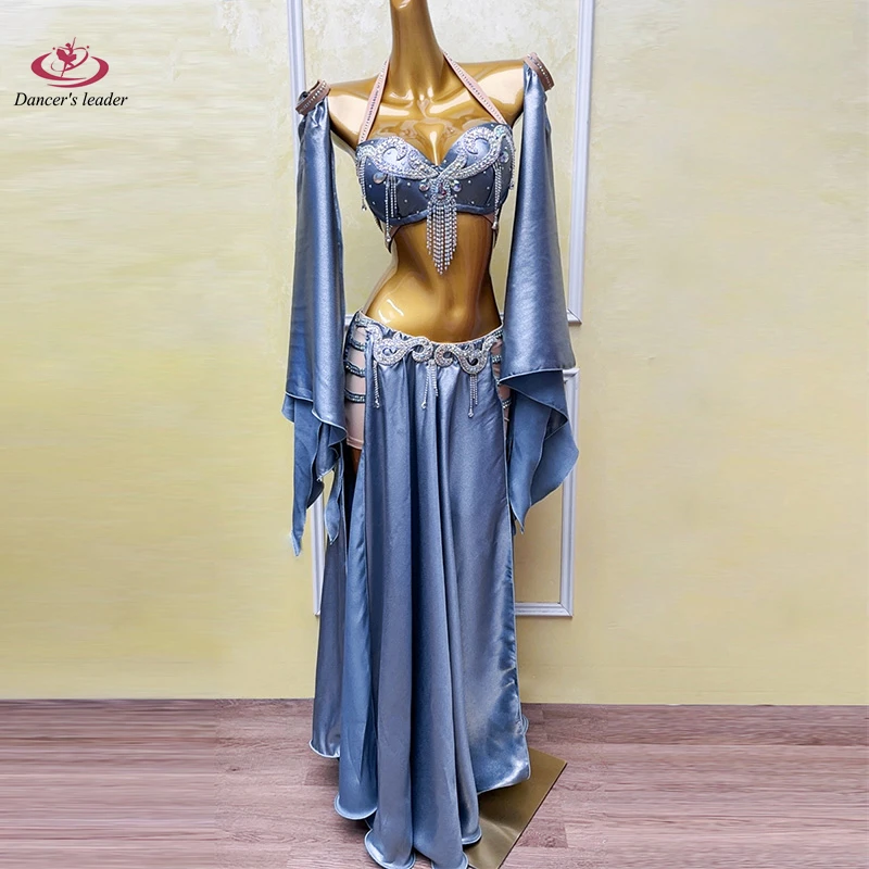 Costume de danse du ventre AB Stone pour femmes et enfants, jupe fendue haut de gamme Rose rouge, Performance Samba, robe Flash haute