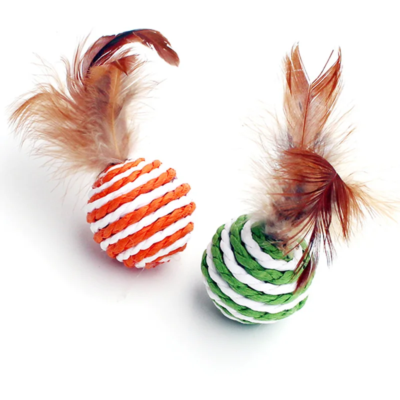 4Pieces Colorful Sisal Interactive Ball Cat Toy Pet Supplies Feather Cat Training Catcher Cat Accessories Random Color Toy Ball