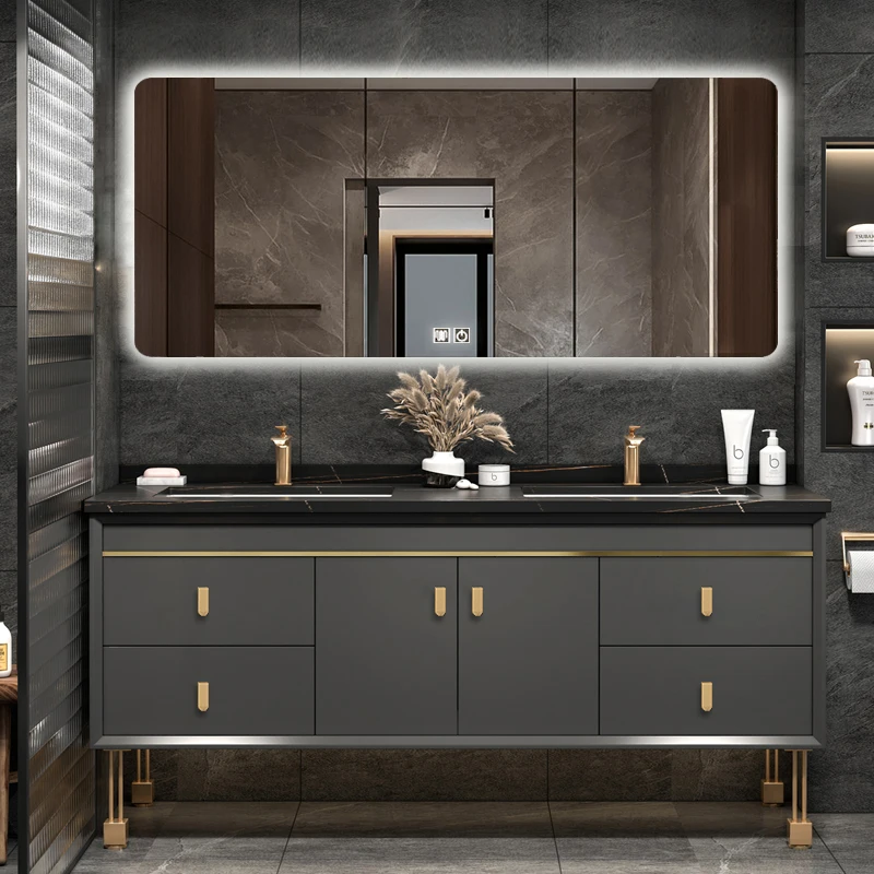 Modern light luxury bathroom cabinet Solid wood bathroom Wash top Floor-to-ceiling double washbasin Washbasin Oak paint