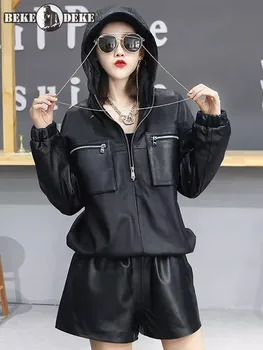 Moda feminina primavera outono solto ajuste pele de carneiro couro genuíno com capuz jaqueta streetwear casual bolsos com zíper pulôver casacos