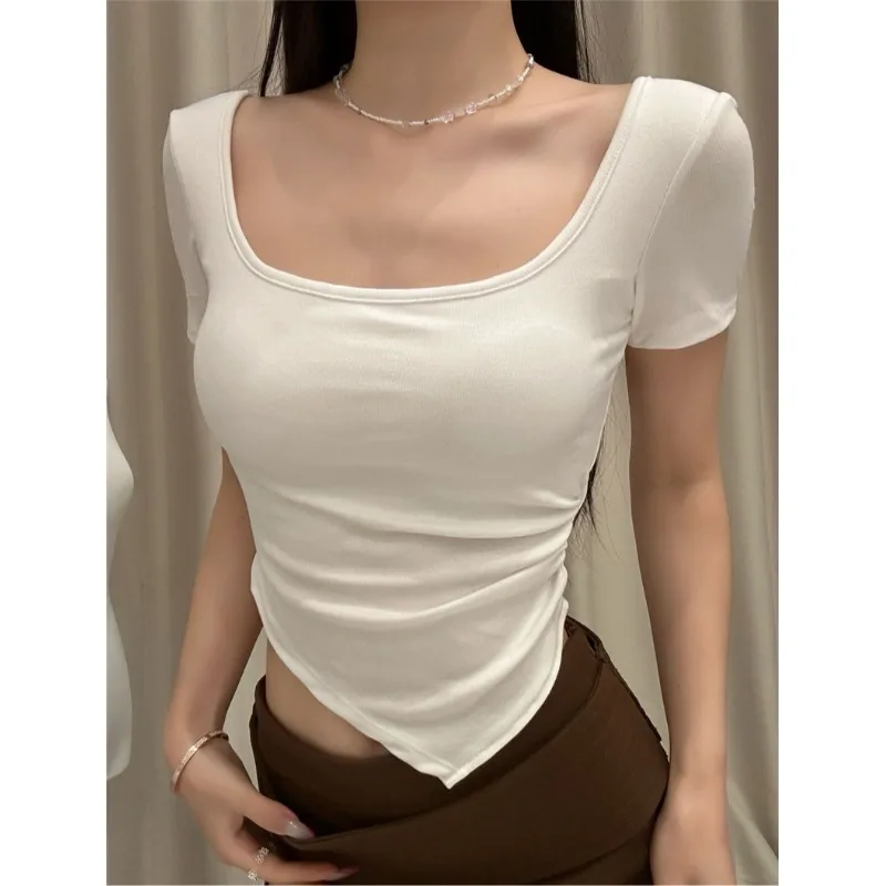 Chic Pure Cotton U-Neck Half Sleeve T-Shirt with Built-In Chest Pad Autumn New Arrival Women's Fashion City Walk Commute Home
