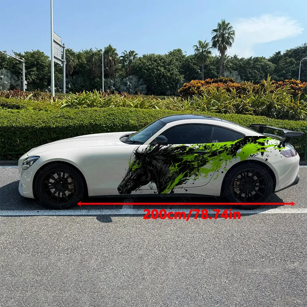 2pcs Green Flame Black Horse Sticker, Durable, Fade-resistant, Enhance The Beauty Of Your Vehicle Bold Art Design Car Vinyl Wrap