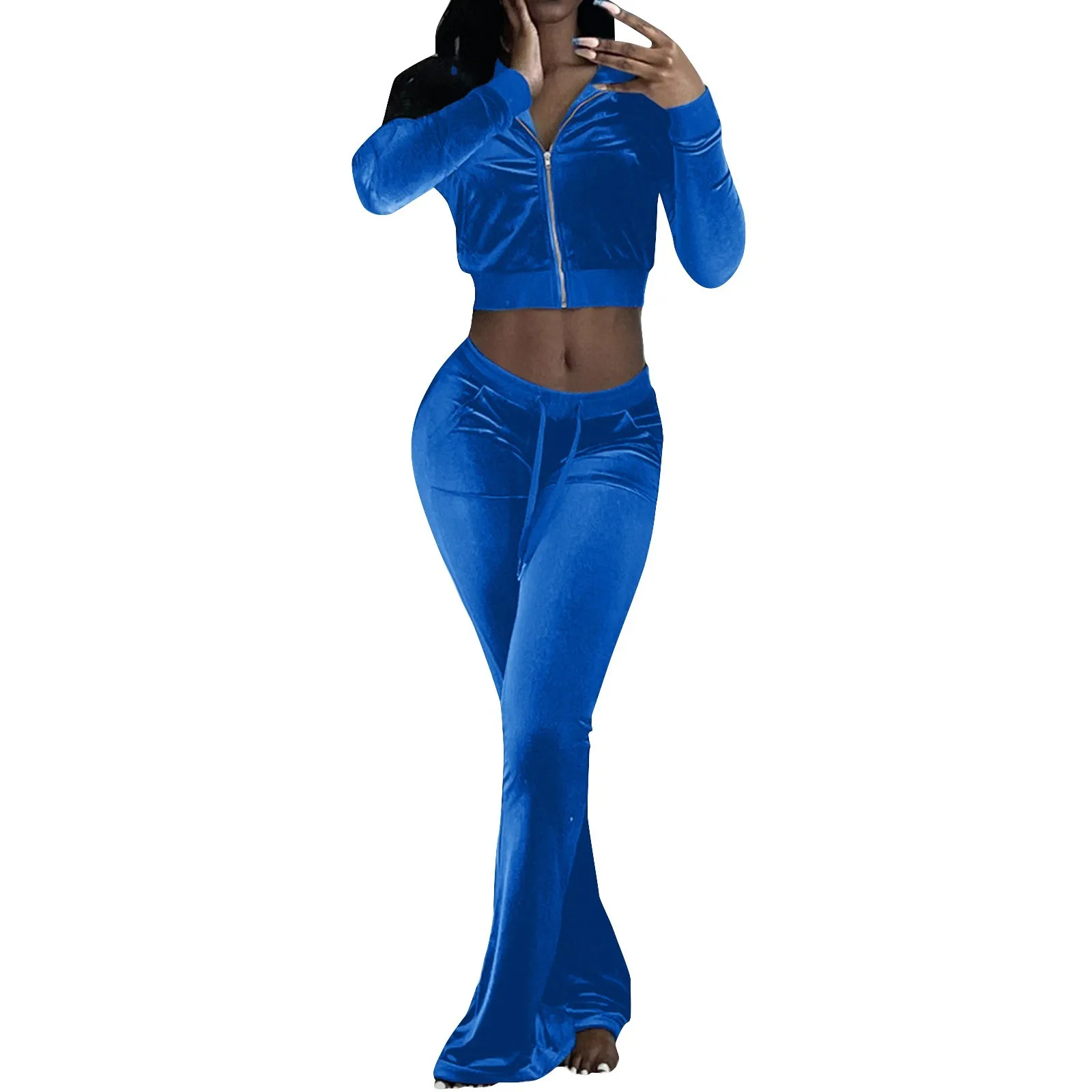 Velvet Women 2 Two Piece Set Autumn Winter Outfits Crop Tops Flare Pants Tracksuit Sexy Loungewear Clothing Lady Velour Suit