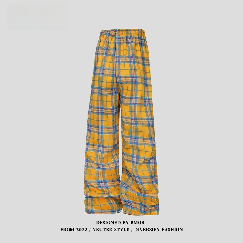 

BMOB American Retro Plaid Casual Pants Loose Straight Leg Floor-Length Trousers for Men And Women Summer Trend Brand