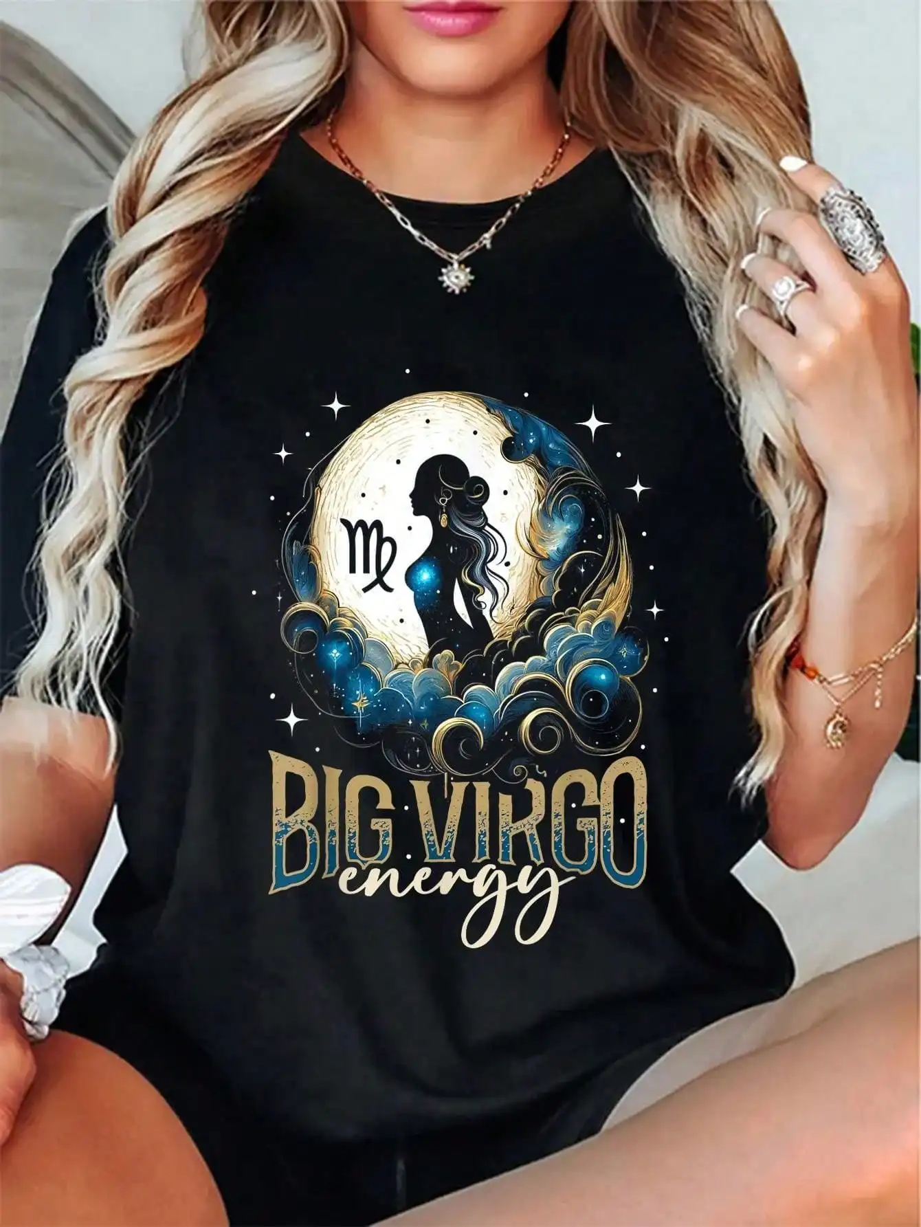 ราศีกันย์ Zodiac Sign Moon โหราศาสตร์ Star Sign เสื้อยืด 100% ลูกเรือคอแขนสั้น Casual Tee, ผ้าถักยืดปานกลาง