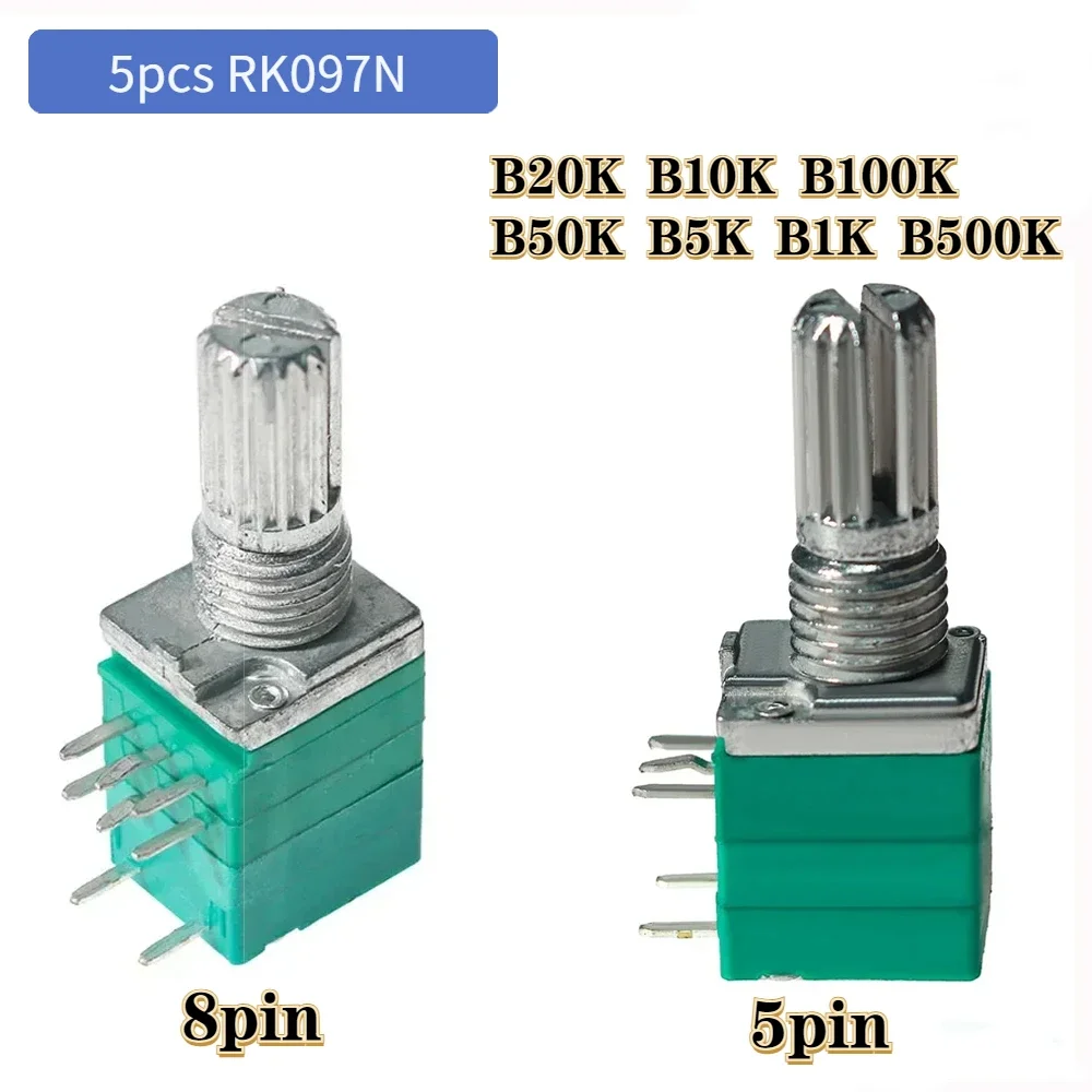 5PCS RK097 Industrial Volume Potentiometers 5/8 Pin B20K B10K B100K B50K B5K B1K B500K  Switch Audio 15mm Shaft  Amplifier