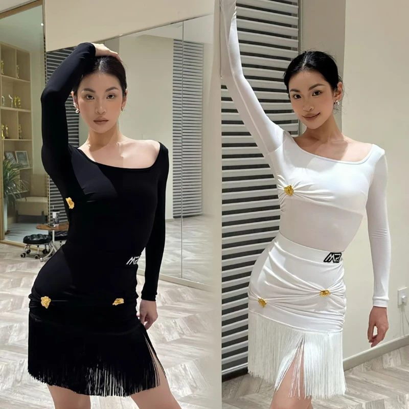

Женский костюм для соревнований по латинским танцам чача, костюм для взрослых, румба, сальса, костюм для латинских танцев с длинными рукавами, топ с кисточками, юбка SL14185