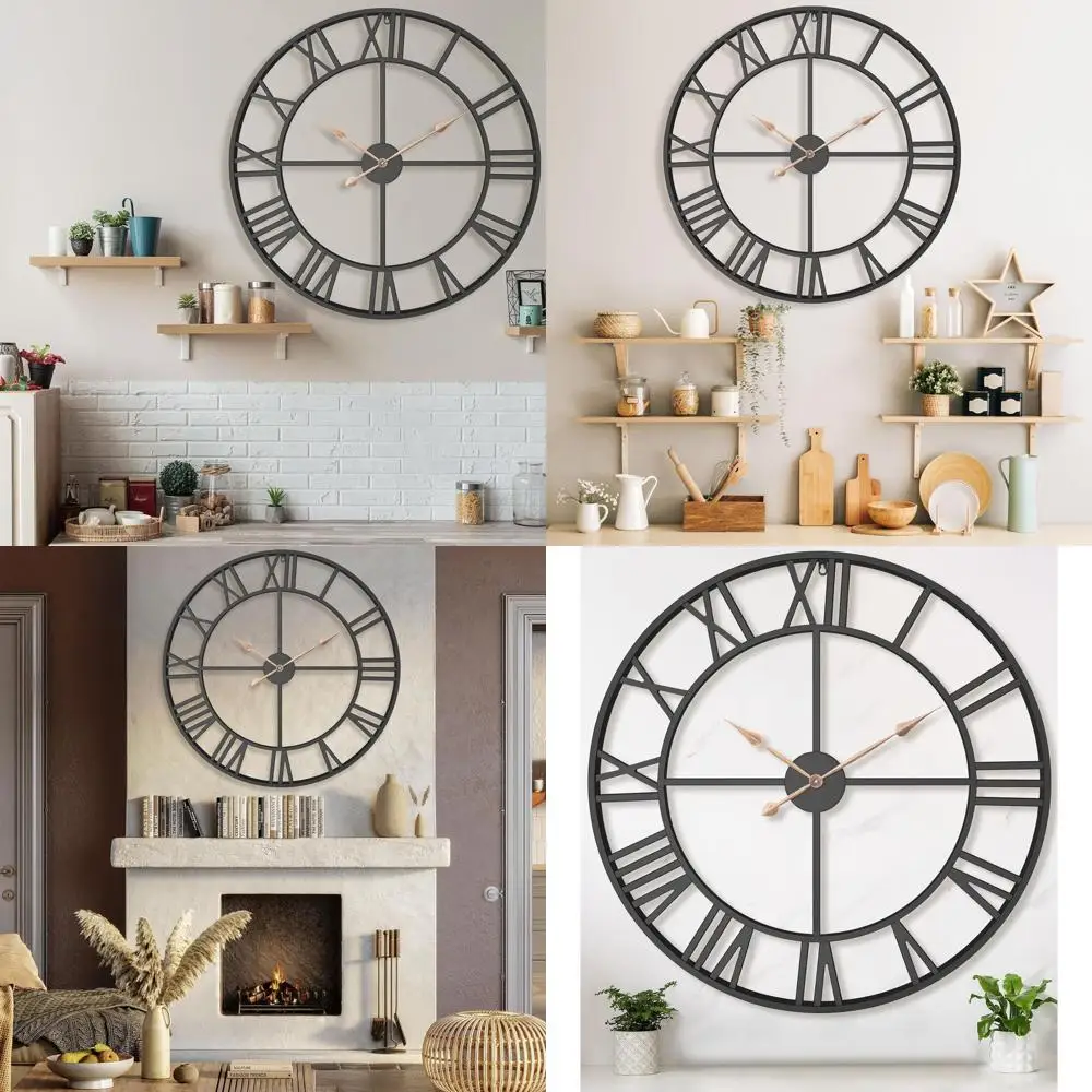 

Large 36 Modern Vintage Industrial Wall Clock, Black Metal Roman Numeral Timepiece for Living Room, Entrance, and Dining Area De