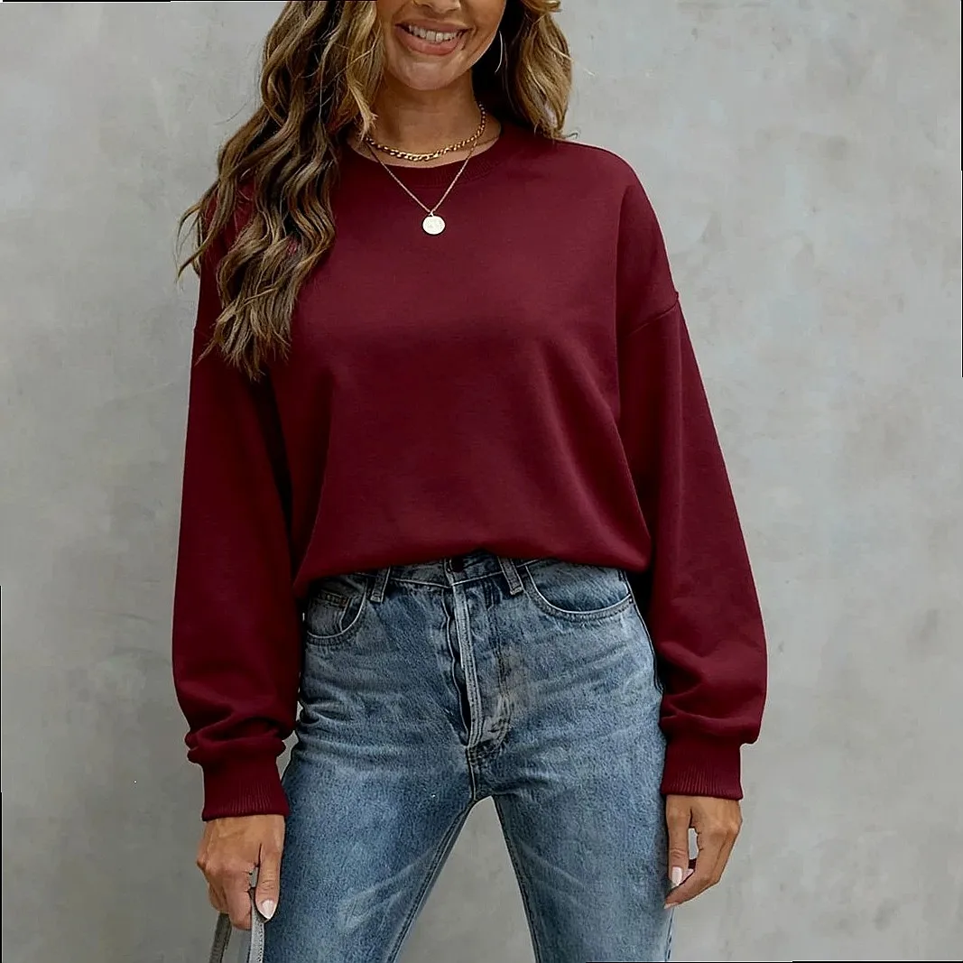 Pure Color Casual Loose Plus Size Crewneck Pullover Sweatshirt Tops Blouse Tee Shirts