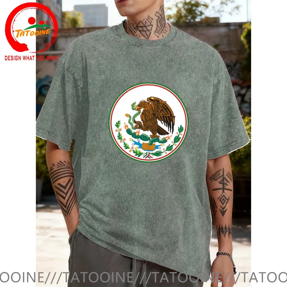 Vintage Washed Cotton T-Shirt Funny Designer Mexican Eagle Mexico Coat of Arms T Shirt Men Fashion Trendy Casual Clothing Stylis