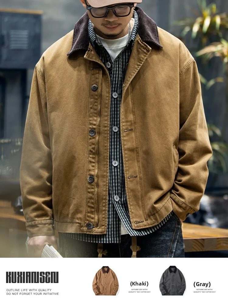 Casual American Style Loose Fit Jacket for Men with Stand Collar Detroit Patchwork Cotton Long Sleeve Youth Fashion Outerwear