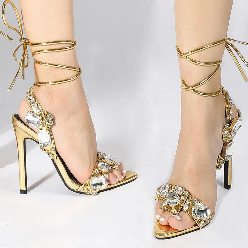 Sexy Ankle Strap Golded Sandals Women Party Nightclub Stripper Heels High Quality Crystal Diamond Pointed Toe Wedding Shoes