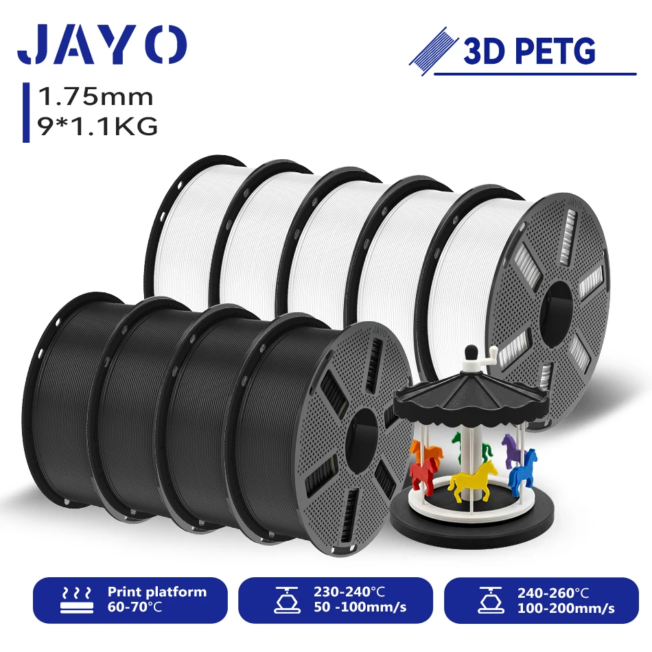 JAYO 9,9 kg 3D PETG/PETG Klares Druckerfilament 1,75 mm ±0,02 mm Hohe Zähigkeit & 100 % ordentlich gewickeltes 3D-Druckfilament, passend für 99 % der 3D-Drucker