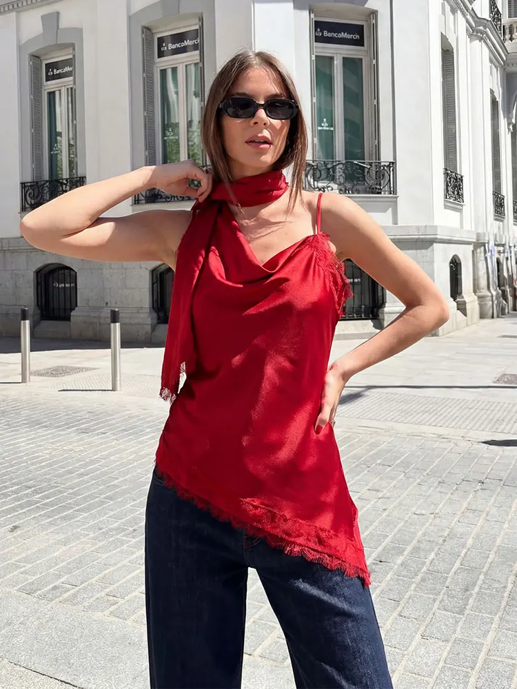 HH Damen Sexy Off-Shoulder Neckholder-Top mit Spitze und Asymmetrischem Saum, Modisches Sommer-Freizeit-Top für Urlaub, Club und Party