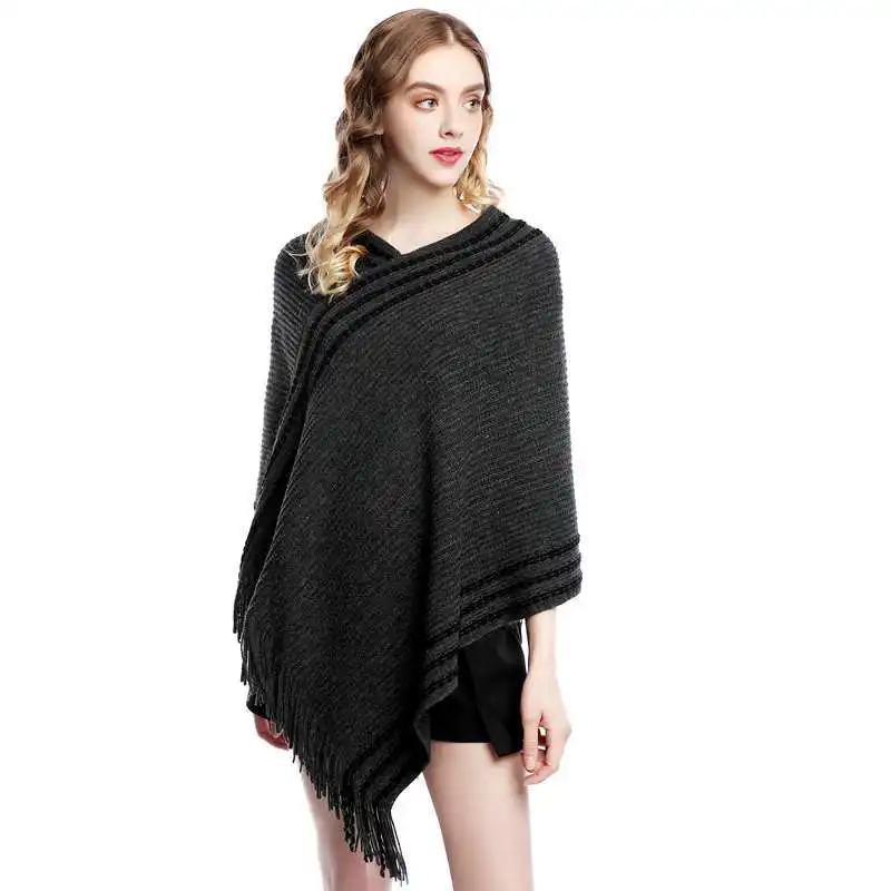 Korean Spring Autumn Hot Selling Imitation Wool Cloak Shawl Knitted Female Tassel Warm Covering Lady Coat Blackish Green