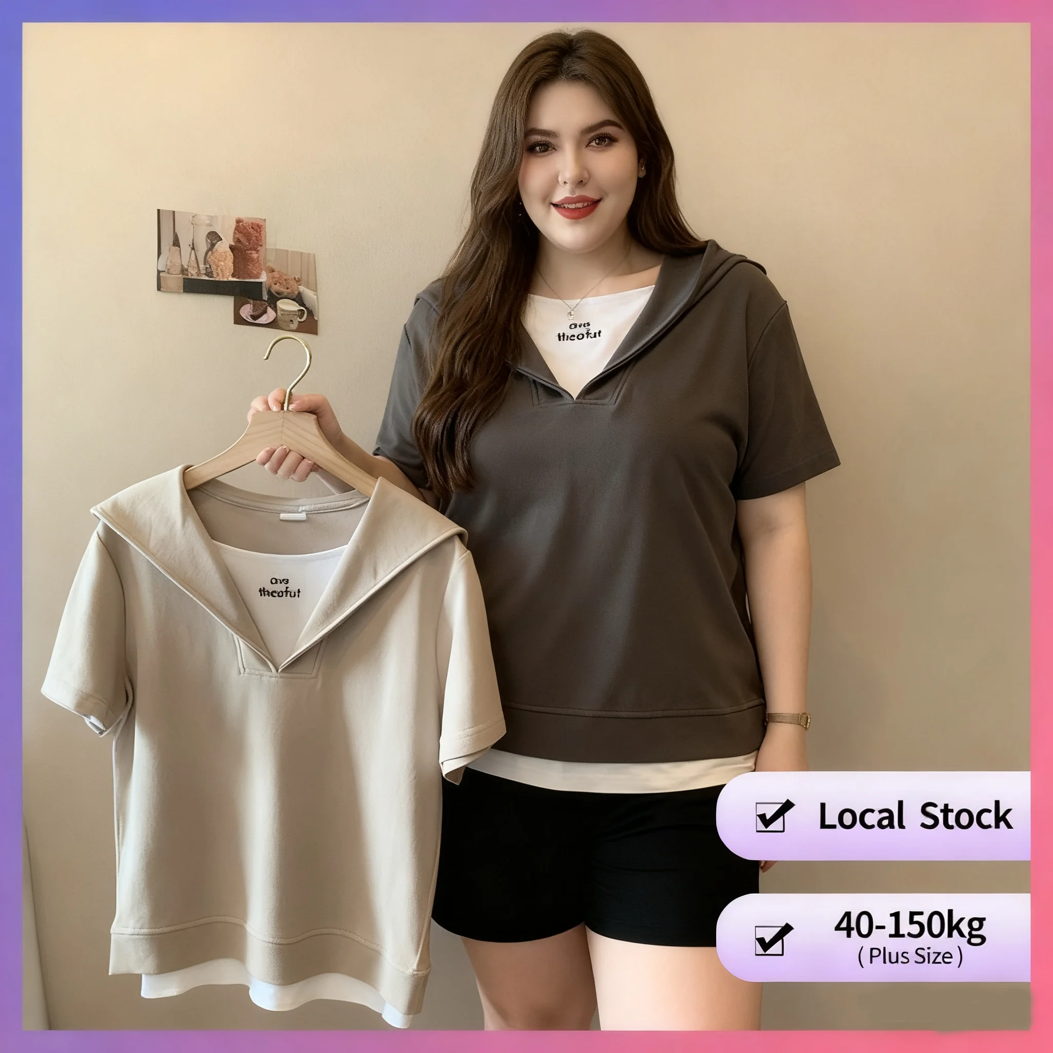 

【Футболка больших размеров 】 (40-150 кг), футболка с короткими рукавами, модная футболка больших размеров с темно-синим воротником, топы в корейском стиле