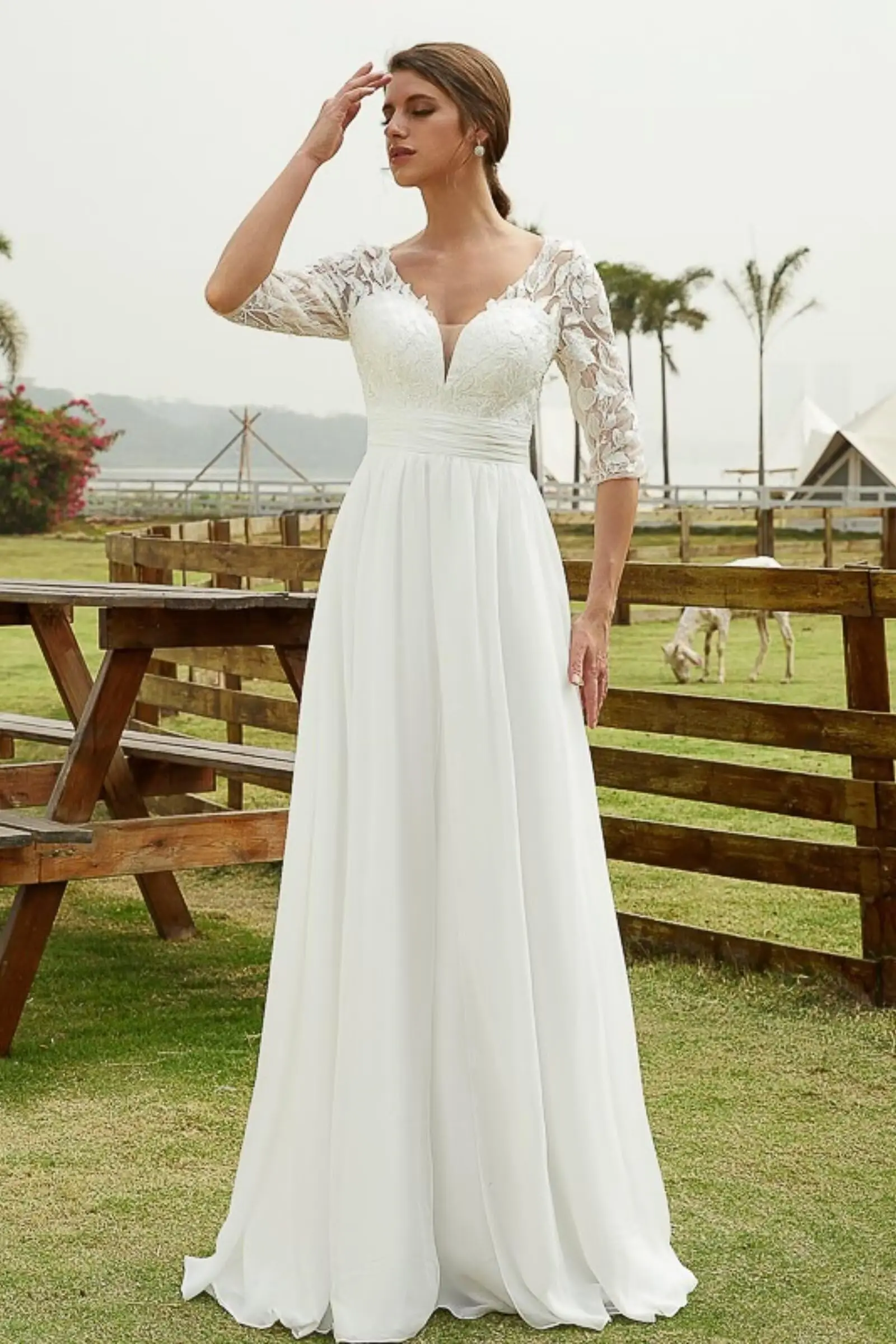 

Lace Patchwork Chiffon Wedding Dress for Women Elegant V Neck Half Sleeve Cocktail Party Dresses High Waist Slim Gown