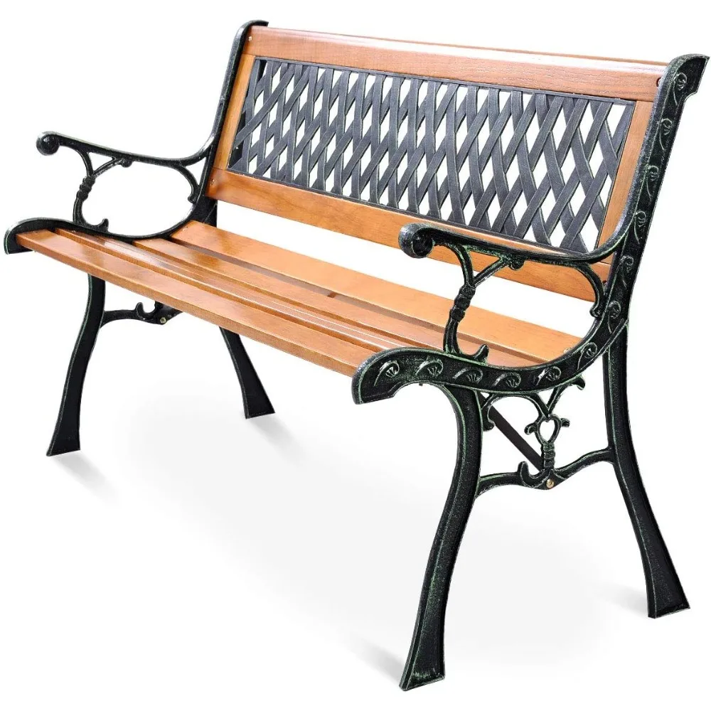 

Patio Bench, Outdoor Furniture Cast Iron Hardwood Frame Porch Loveseat, Weather Proof Porch Path Chair