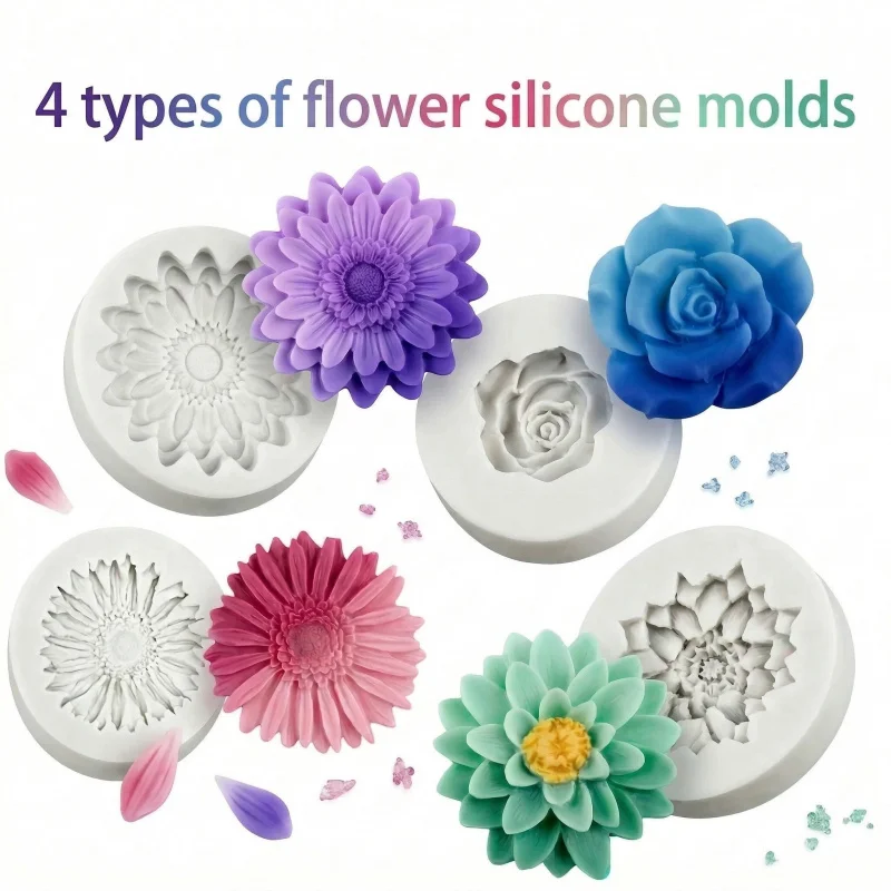 Vierteiliges Silikonformen-Set mit Blumenmotiven, inklusive Gänseblümchen-Epoxidharzform, Tonformen, Gipsform, Silikonform für Aromatherapie-Wachsblätter