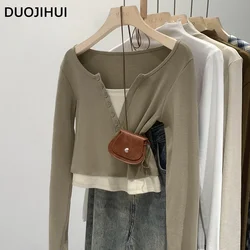 DUOJIHUI Fake Two Piece Chic V-neck Sexy Female T-shirts Autumn New Casual Simple Fashion Spell Color Basic S-XL Women T-shirts