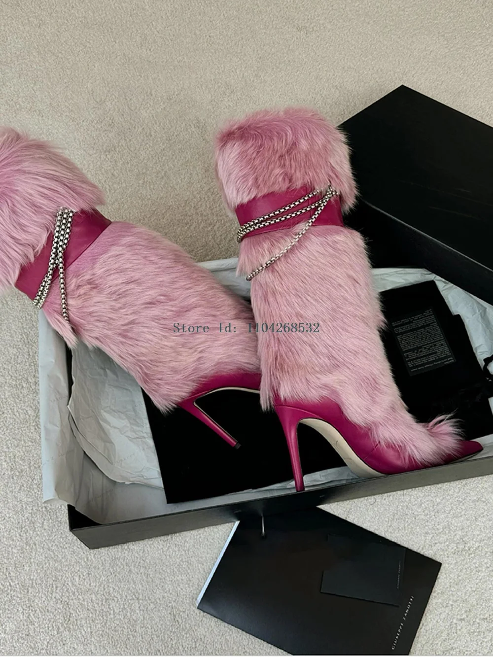 Pink Fur Chain Boots Pointed Toe Stiletto High Heel Knee High Modern Boots 2025 New Arrivals Winter Sexy Fashion Color