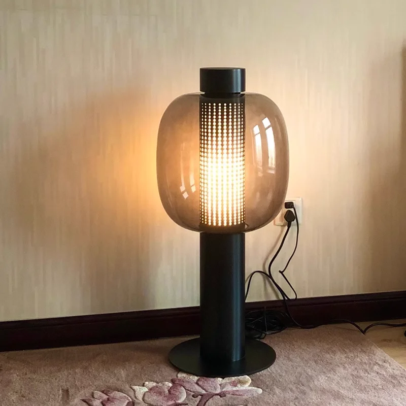 

Nordic Bonbori glass floor Lamp Post Modern Minimalist Amber Smoke Grey lampshade table light Bedroom Beside Living Room light