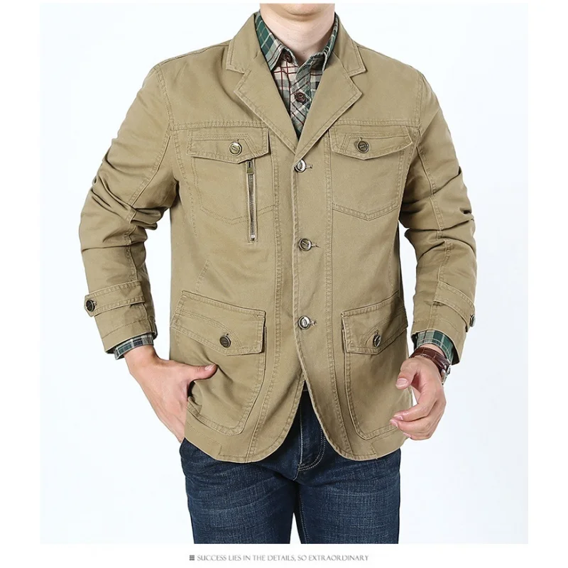 2024 Spring Fall Men Military Blazer Jacket Autumn Casual Cotton Washed Solid Coats Army Bomber Suit Jackets Denim Cargo Trench