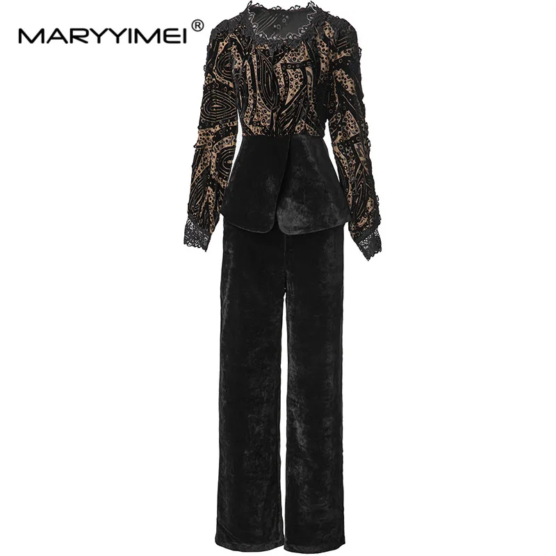 

MARYYIMEI Autumn and Winter Women's Suit Lace Splicing Lantern Sleeved Tops+Wide leg pants Black/Red High Street Two piece set