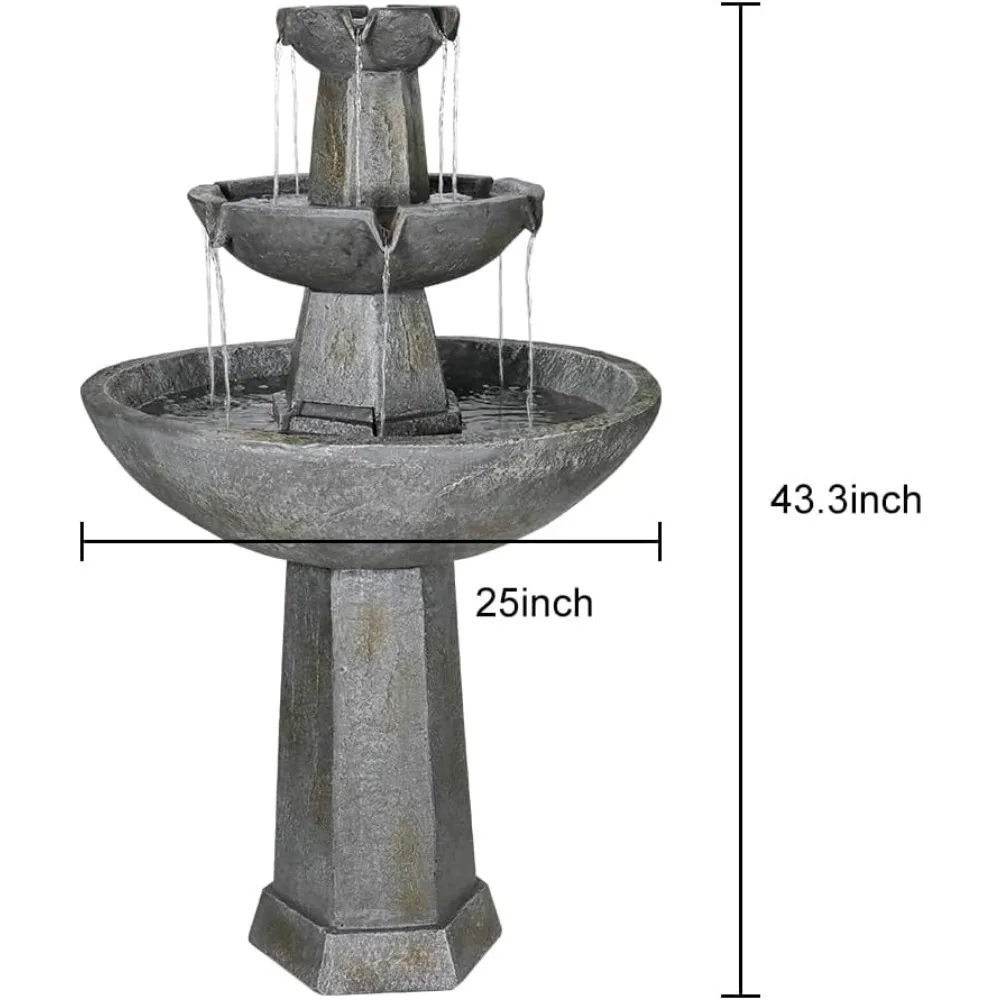 43.3” High Outdoor Water Fountain, 3-Tiers Concrete Outdoor Floor Waterfall Fountain with Pump & Splash Reduction Line