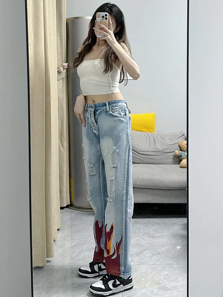 

KING BRAND Waed Red Flame Wide Leg Pants Loose Fit Men's Jeans High Waist Straight Leg Long Trousers Spring Autumn