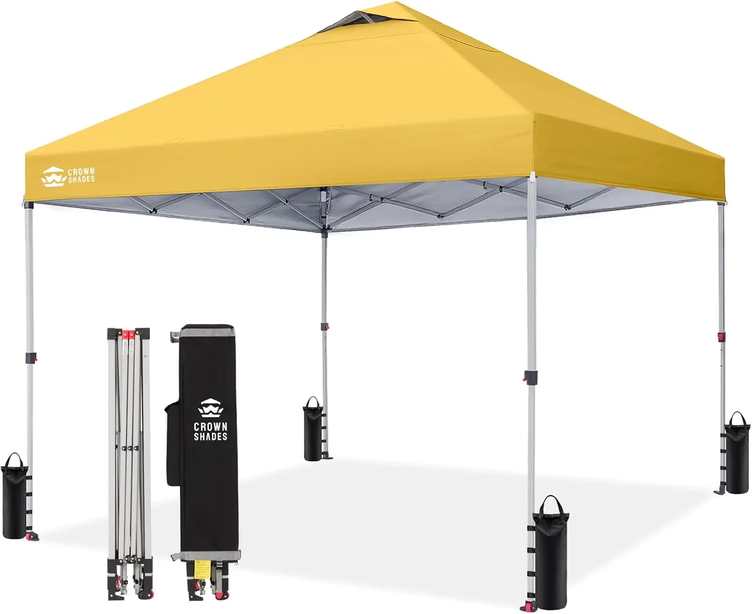 

10x10 Pop Up Canopy - Silver Coated, One-Push Setup, 3 Heights + 4 Sand Bags (Yellow)