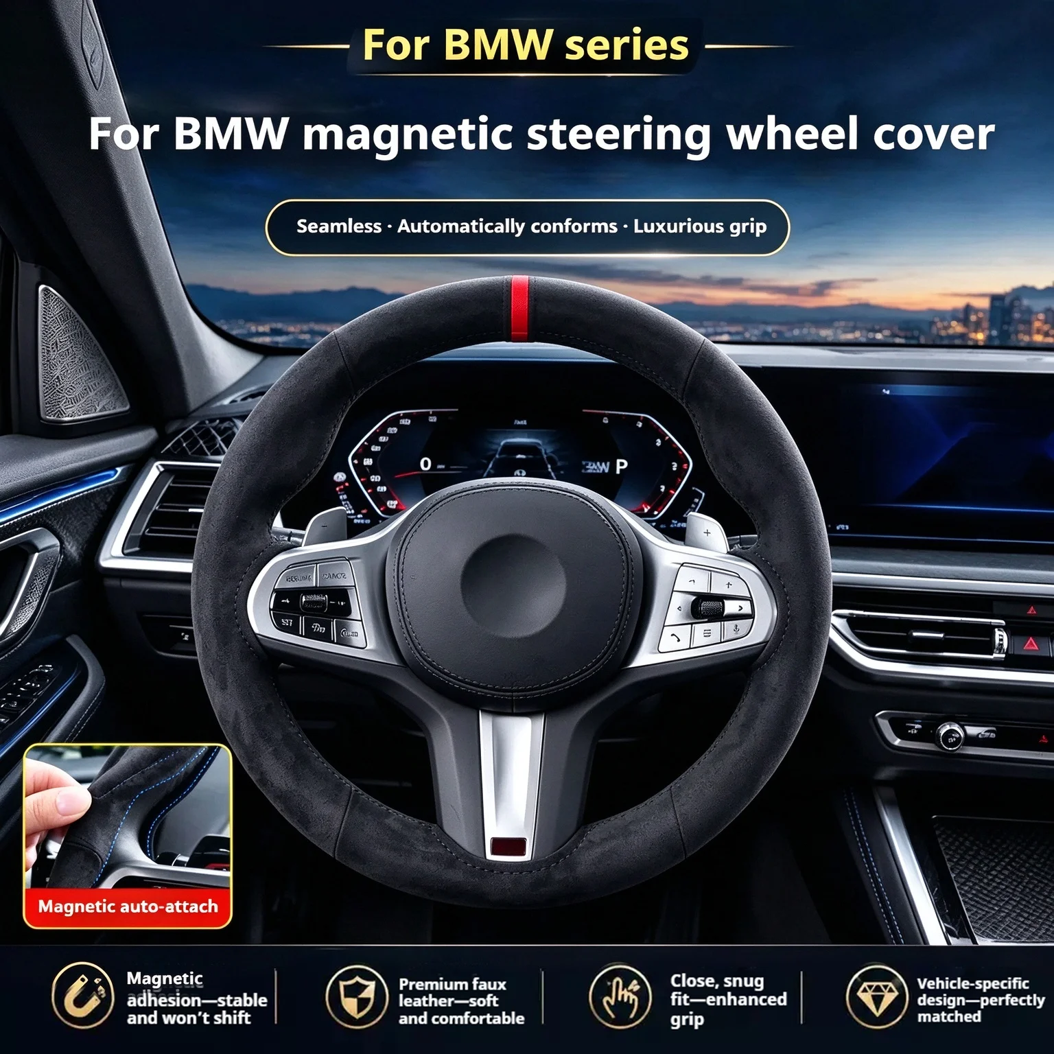 Car Steering Wheel Handle Cover For BMW 2 3 4 5 7 8 Series X3 X4 X5 X6 X7 Magnetic Snap-on Genuine Leather Anti-slip Decoration