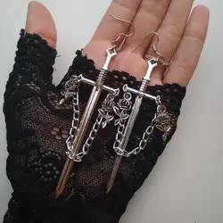 Gothic Rose Sword Charm Earrings For Women Girl Pagan Witch Punk Jewelry Accessorie Gift Vintage Knife Sword Rose Drop Ear Hook