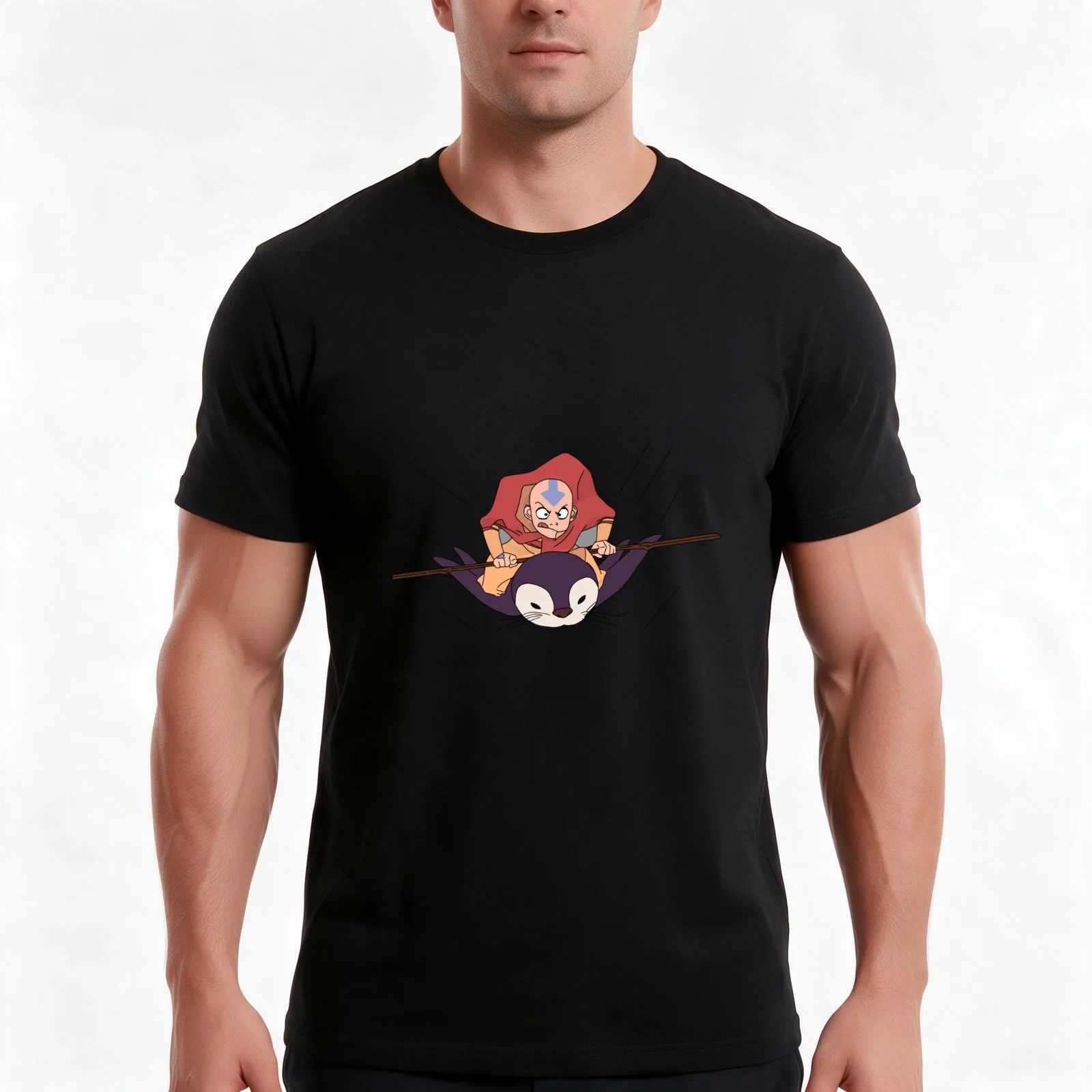 AVATAR AANG RIDING PENGUIN BEAUTIFUL ART T-Shirt, Summer Casual Cotton Tee, Oversized Streetwear Tops, Vintage Graphic Print