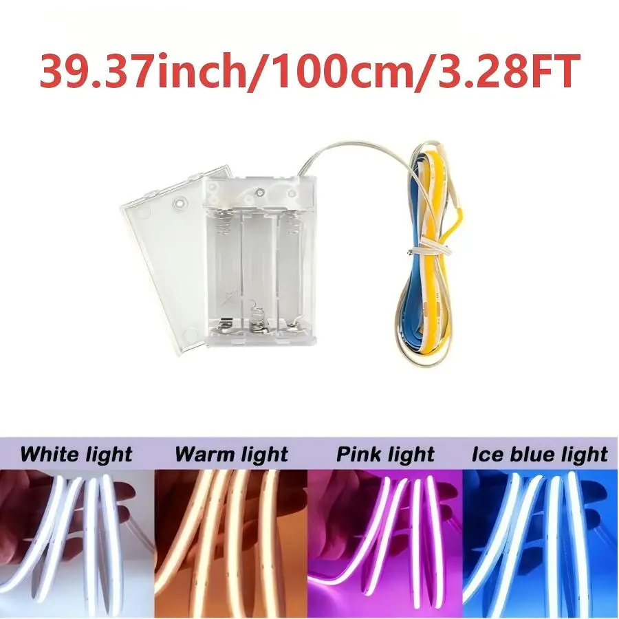 COB LED light strip, powered by a battery box (batteries not included), available in warm, white, pink, and blue light.