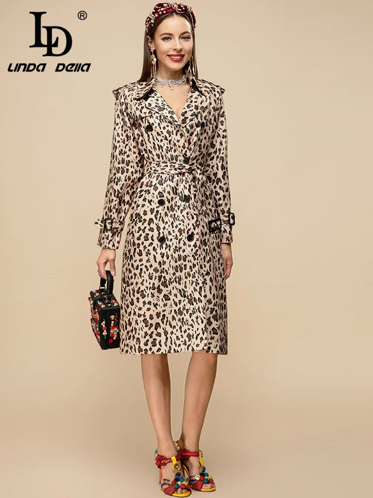 LD LINDA DELLA 2023 Designer Spring Fashion Trench Coat Women\'s Long sleeve Belted Vintage Leopard print Outwear Overcoat