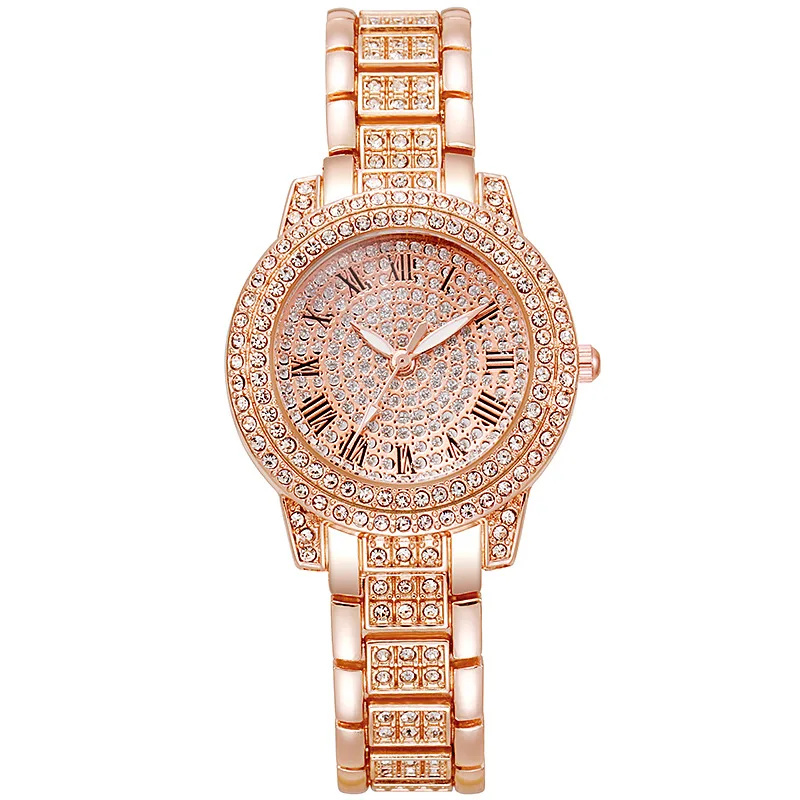 Elegant Women Electronic Watch Rose Gold Roman Numerals Full Diamond Quartz Watch Wholesale