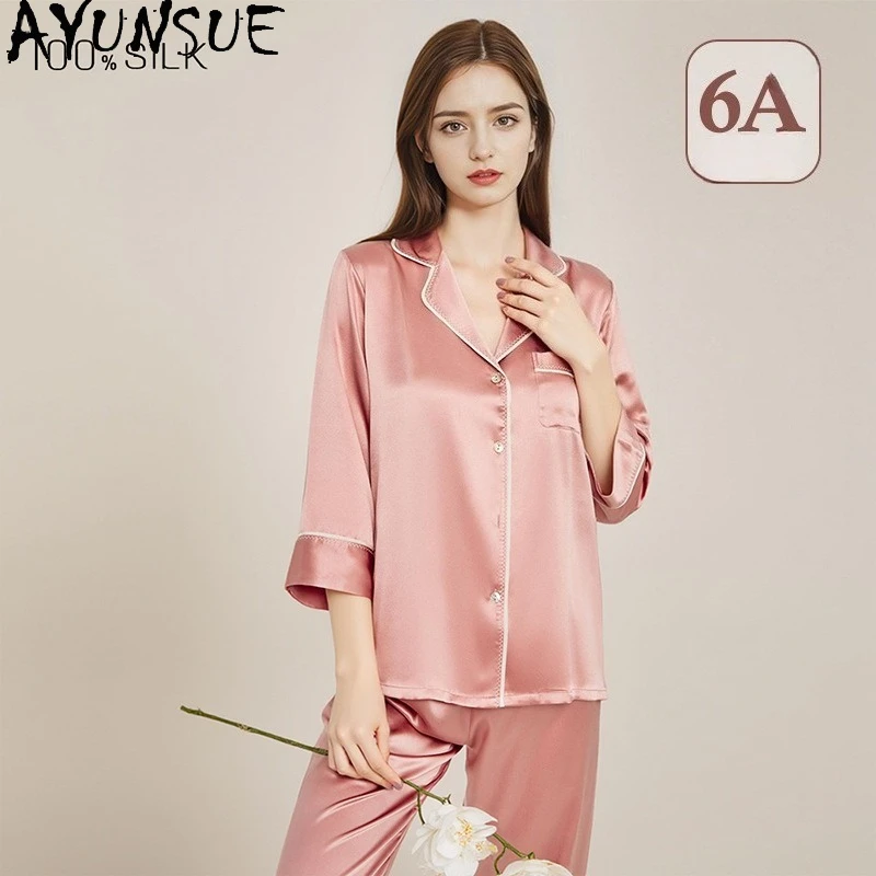 AYUNSUE 19Mm 100% Mulberry Silk Sleepwear Women Summer Clothes Pajama Set Long Sleeve Top Casual Pants Sets Pijama Feminino