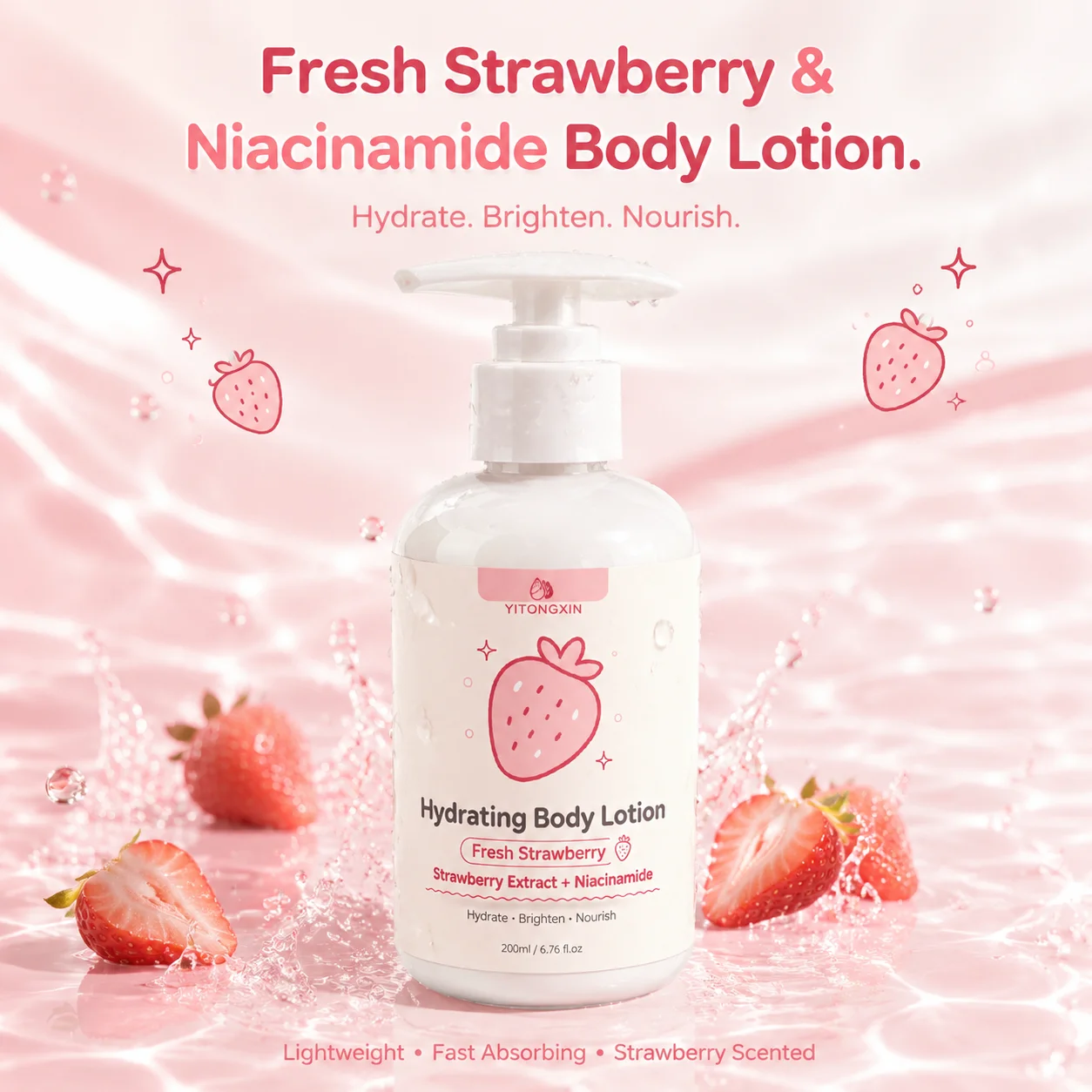 Fresh Strawberry Body Lotion Niacinamide Hydrating Brighten Nourish Moisturizer Lightweight Fast Absorbing Non-Greasy 200ml