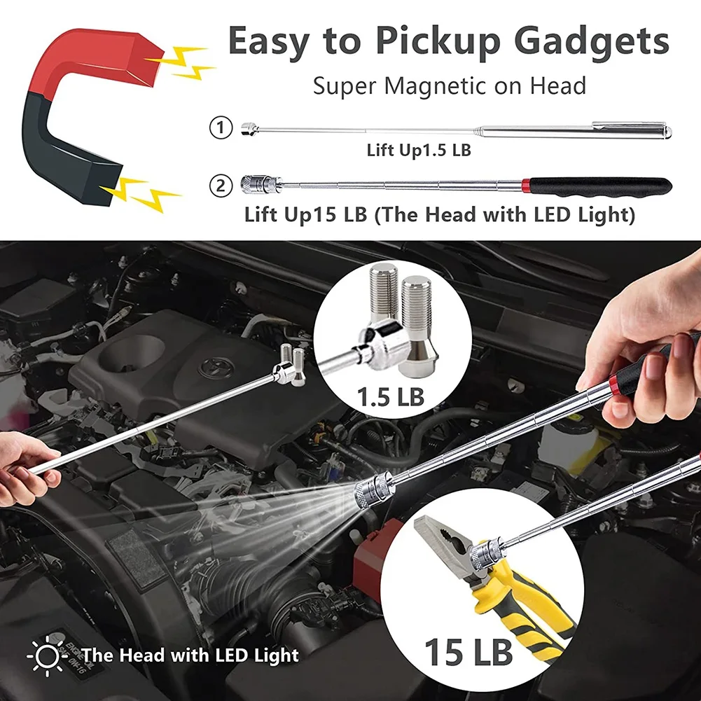 ABRN-طقم التقاط مغناطيسي قابل للسحب، مرايا فحص قابلة للتعديل تدور 360 درجة ومصابيح كاشفة مرنة قابلة للسحب