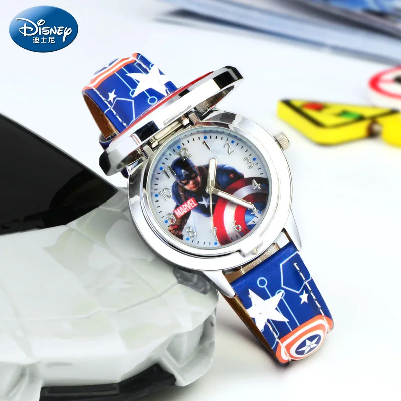 Disney-Reloj de spiderman para niños, cronógrafo con Tapa de cuero y cuarzo, con carcasa de Metal, Capitán América, ironman