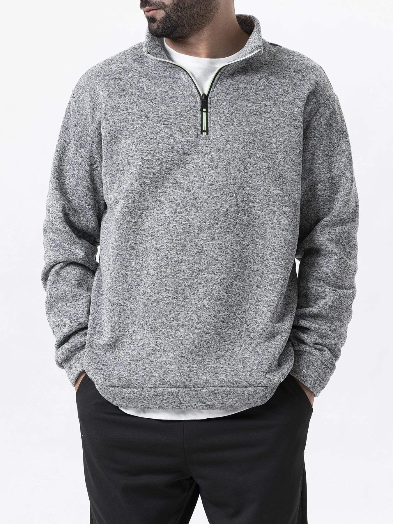 Men Quarter Zip FleecePullover Knit Warm Stand Collar Sweatshirt Autumn Winter Solid Color Outdoor Casual Jumper